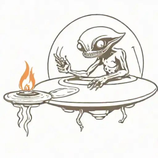 An Alien Sitting On A Flying Ufo Saucer With A Burning Joint In His Hand