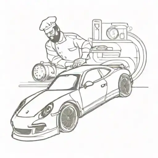 Incorporate The Silhouette Of A Porsche Into A Minimalist Tattoo Of A Chef At Work