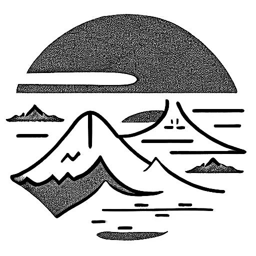 Mountain Scene Behind Ocean With Japan Style Sun