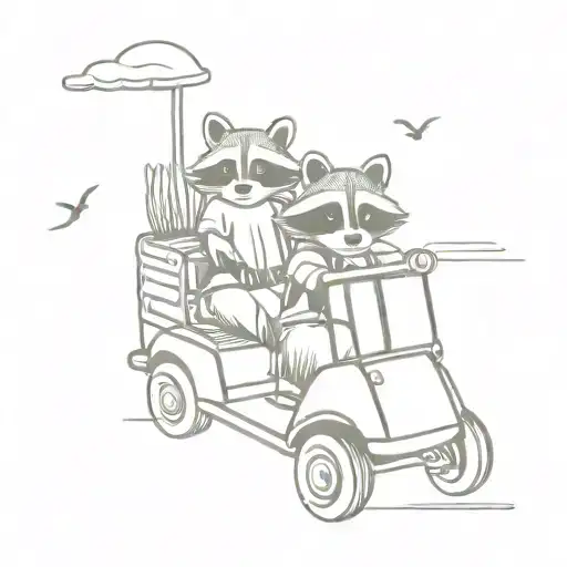 Raccoons Riding On A Golf Cart Filled