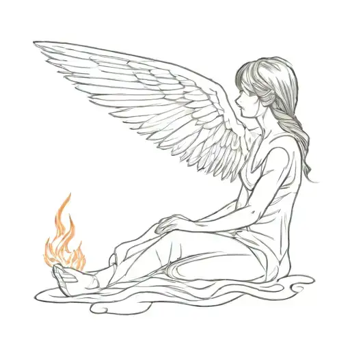 The Wings Of An Angel Who Stands On One Knee Are Burning