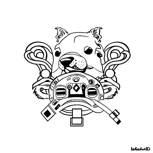 A Minimalist Tattoo Of A Dog Holding A Game Controller In Its Mouth