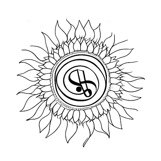 A Minimalist Tattoo Of A Sunflower With A Treble Clef Symbol At Its Center