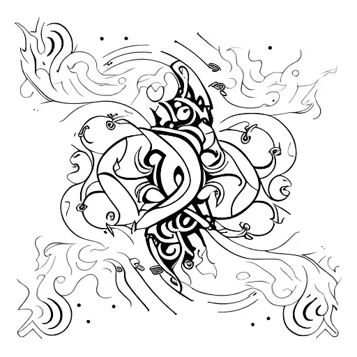 An Intricate Guitar Surrounded By Musical Notes And A Burst Of Flames