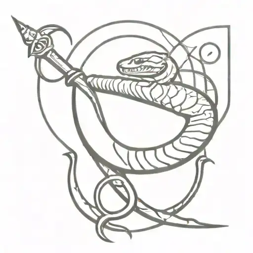Snake Wrapped Around A Roman Spear With A Crescent Moon Hanging