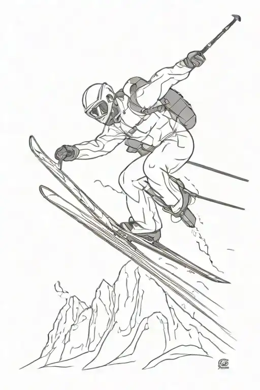 A Minimalist Tattoo Of A Skier Gracefully Gliding Down A Mountain Slope