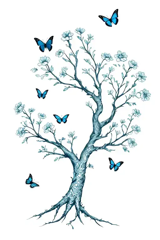 Tree Growing With Flowers Wrapping Around The Branches And Butterflies