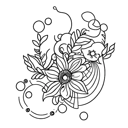 A Minimalist Tattoo Of An Alien Spaceship With Flowers Floating Around It