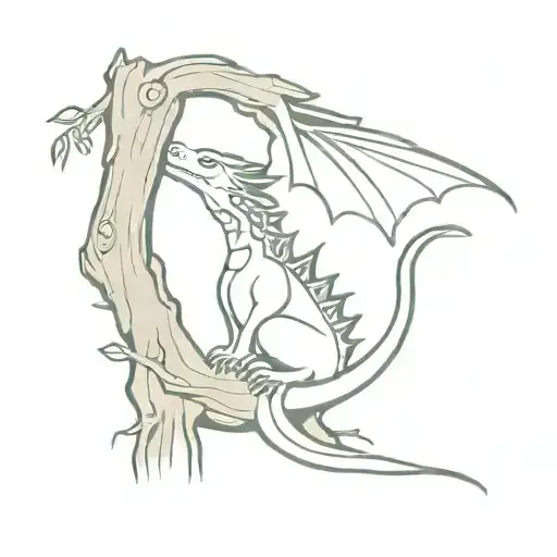 Small Cute Dragon With A Fish Tail Hugging A Tree Trunk