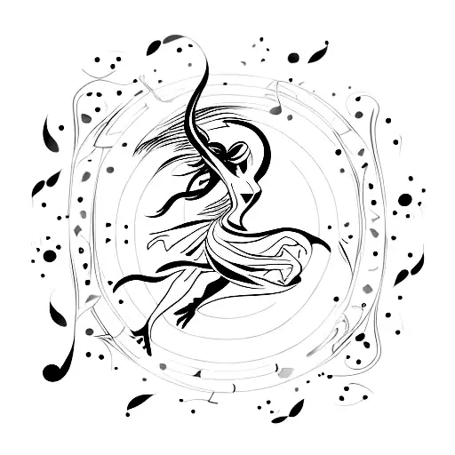 A Mystical Minimalist Tattoo Of A Dancing Figure Surrounded By A Swirling Sea Of Music Notes