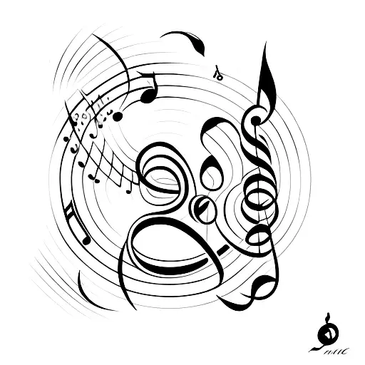 A Minimalist Tattoo Of A Dancing Figure With Musical Notes Intertwining With Ocean Waves