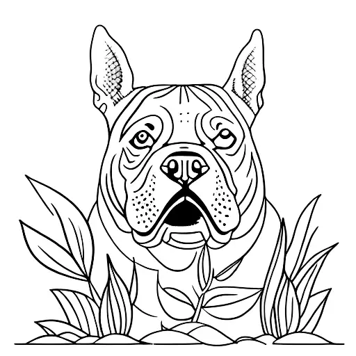 A Minimalist Tattoo Of An Exotic American Bully Dog Surrounded By Aquascape Plants