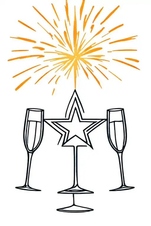 Moravian Star With Fire Work Behind It And Two Clinking Champagne Flutes