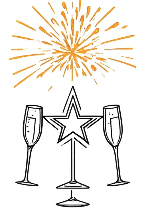 Moravian Star With Fire Work Behind It And Two Clinking Champagne Flutes