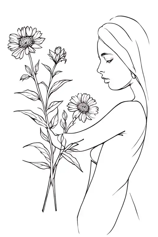 Woman Holding Birth Flower February & July Birth Flowers Fine Line