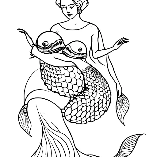 A Queen Holding A Turtle And A Mermaid In Each Hand