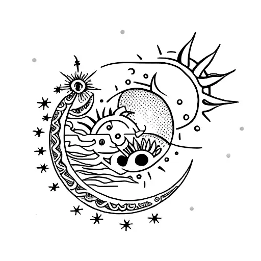A Minimalist Tattoo Of A Crescent Moon With A Sun And Star Incorporated Into The Design