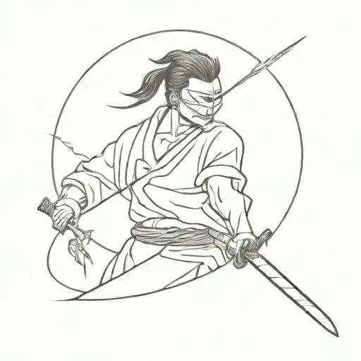 Blindfold Hanging On Samurai Sword With Lightning Bolt In Background