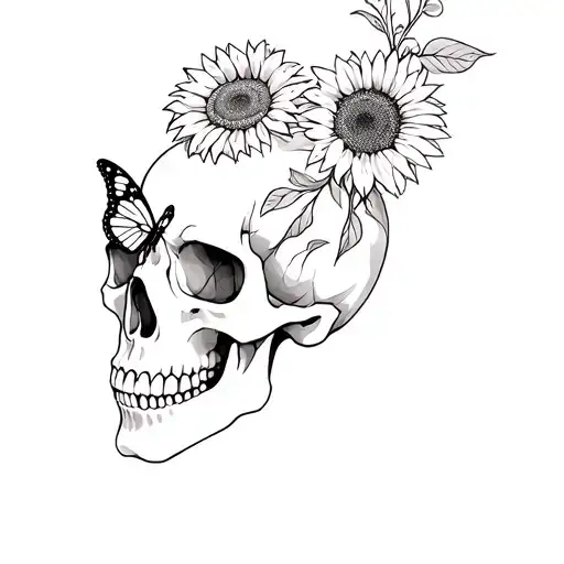 Skull With Butterfly's And Sunflowers