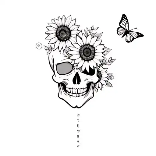 Skull With Butterfly's And Sunflowers