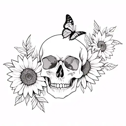 Skull With Butterfly's And Sunflowers