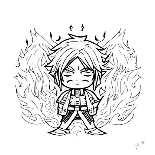 A Minimalist Tattoo Of An Anime Character Surrounded By Fire And Water