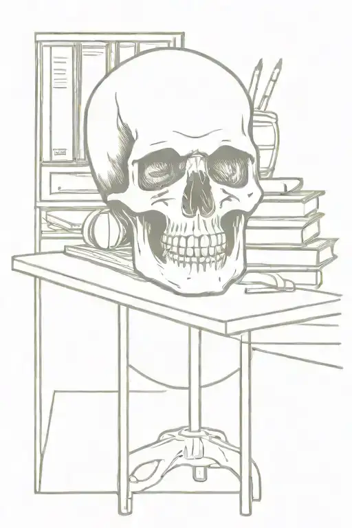 A Teacher's Desk With A Skull Paperweight And A Stack Of Books