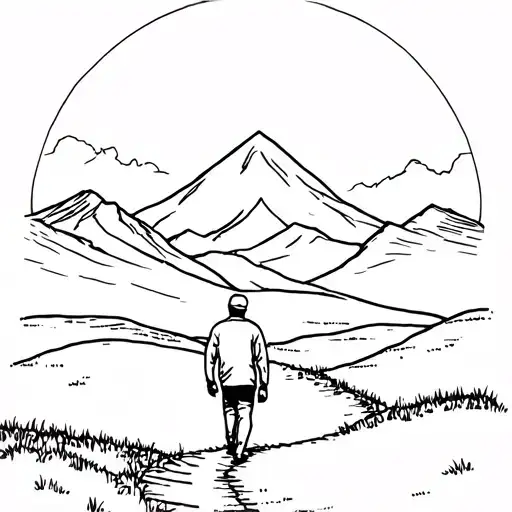 Man Walking From Back On A Path With A Mountain Behind Which The Sun Rises