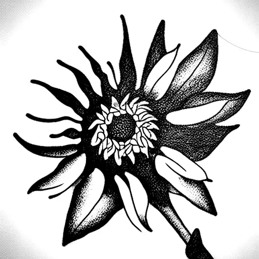 A Medium Single Sunflower With A Small Larkspur Flower Growing Up And Around The Sunflower Stalk