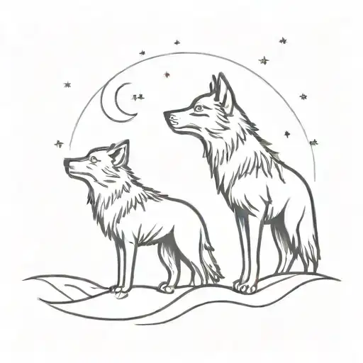 A Mystical Night Sky With A Wolf And Fox Howling At The Moon
