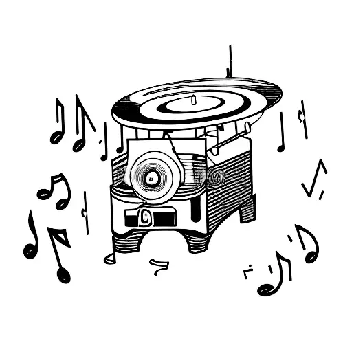 A Simple Outline Of A Record Player With Music Notes Floating Out Of It