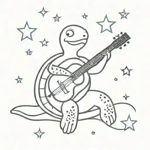 A Minimalist Tattoo Design Of A Turtle Playing A Guitar Under A Starry Night Sky