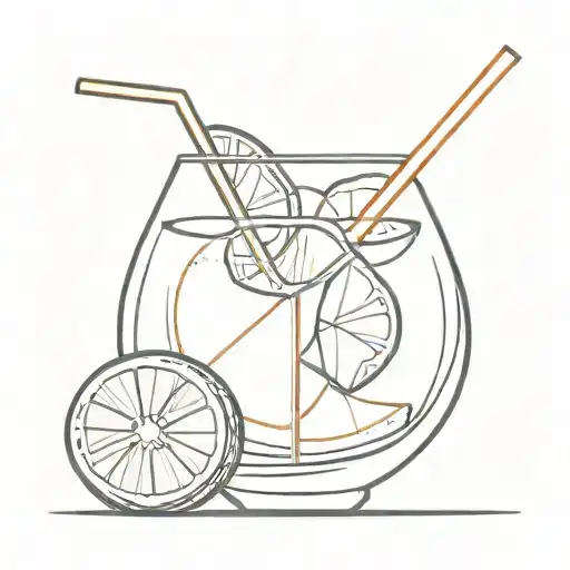 Wine Glass Filled With Orange Slice And Ice Cube And A Straw With Thin Lines Without Color