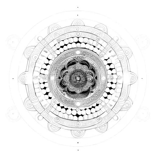 Intricate Black And Grey Spiral Mandala With Phases Of The Moon