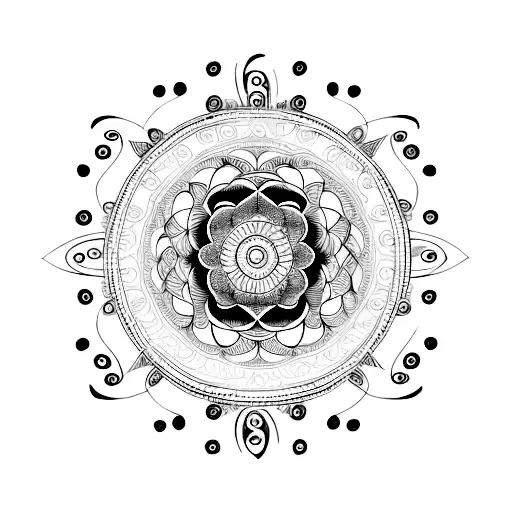Intricate Black And Grey Spiral Mandala With Phases Of The Moon