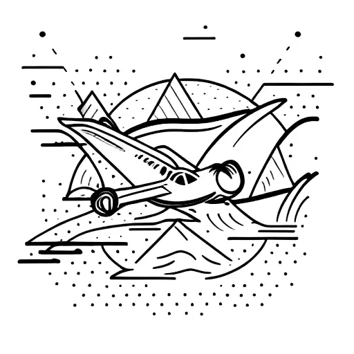 Minimalist Tattoo Of Mountains With A Wave And An Airplane Flying Above The Mountains