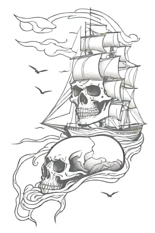 Skull With Ship Sailing Through Stormy