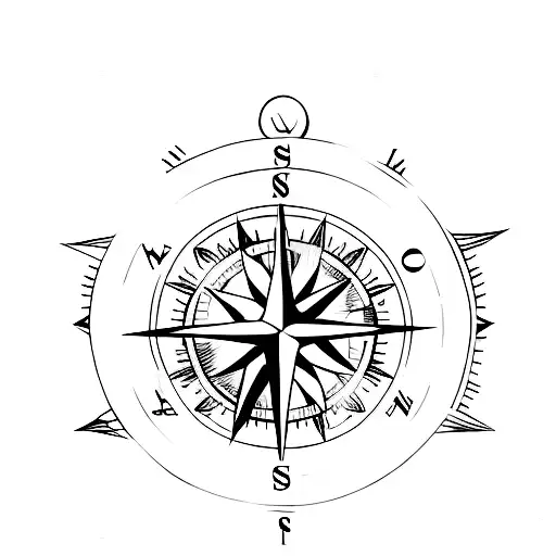 A Minimalist Tattoo Of A Compass With A Sunset Over The Ocean As The Background