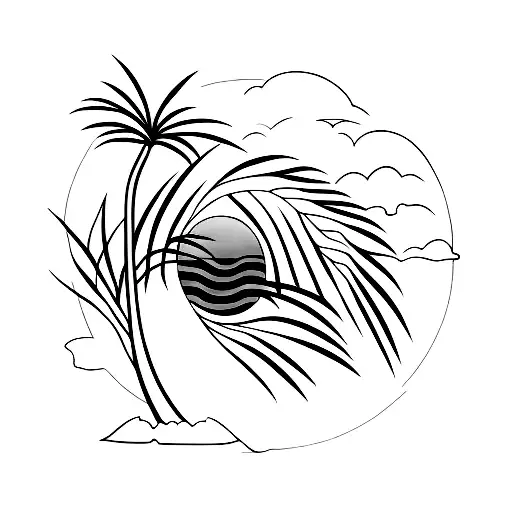 A Minimalist Tattoo Of A Palm Tree With A Sunset Sky As The Backdrop