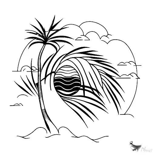 A Minimalist Tattoo Of A Palm Tree With A Sunset Sky As The Backdrop