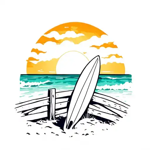 Surfboard Leaning On A Fence With Beach And Ocean Sunrise Background