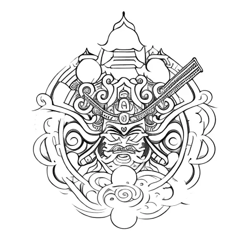 A Samurai Warrior Meditating In A Temple With Dragon Motifs In Dotwork Style