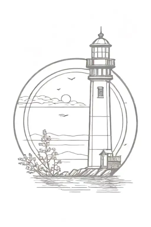 Postage Stamp With Sunset On A Lake Lighthouse And Cherries Or Lavender