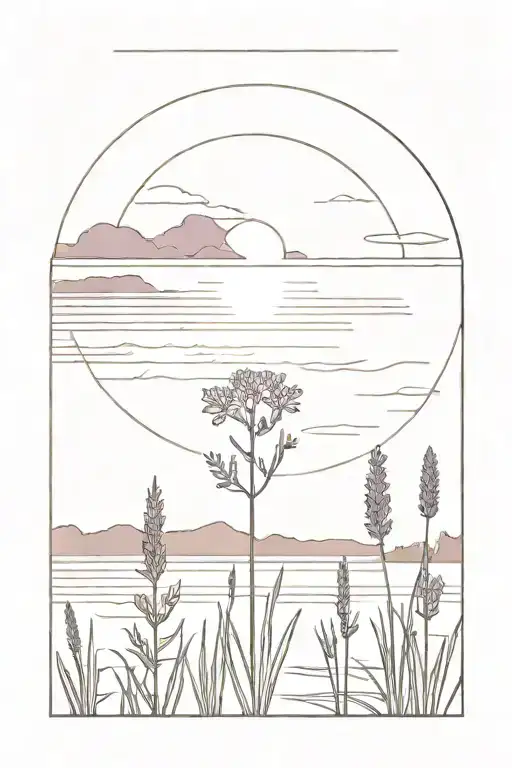 Postage Stamp With Sunset On A Lake And Lavender