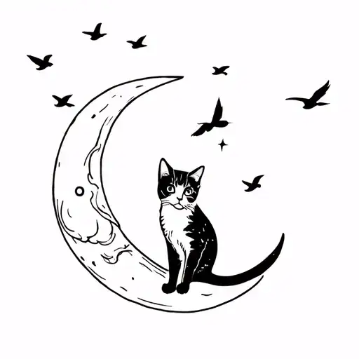 Cat On Moon Looking At 3 Birds Flying Away