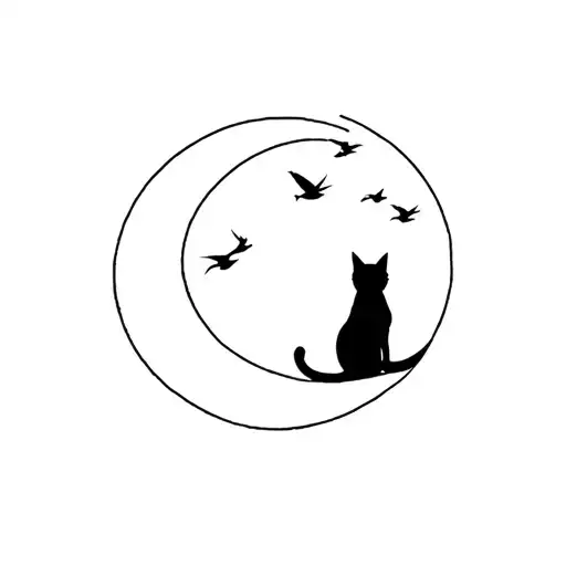 Back Of Cat On Moon Looking At 3 Birds Flying Away