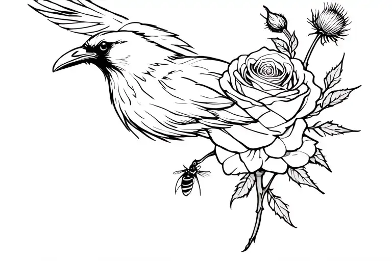 Flying Raven On Rose With A Bee And Thistle