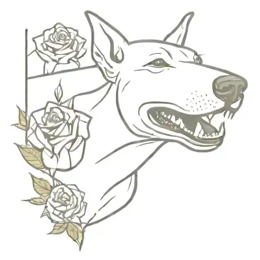 Bull Terrier Baring His Teeth In Red Roses