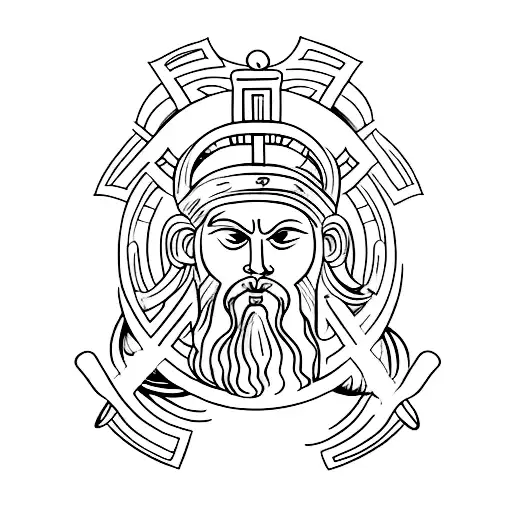 A Minimalist Tattoo Of A Greek Statue Of Poseidon With Norse Symbols Incorporated In The Background