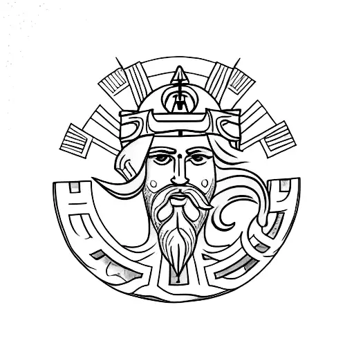 A Minimalist Tattoo Of A Greek Statue Of Poseidon With Norse Symbols Incorporated In The Background